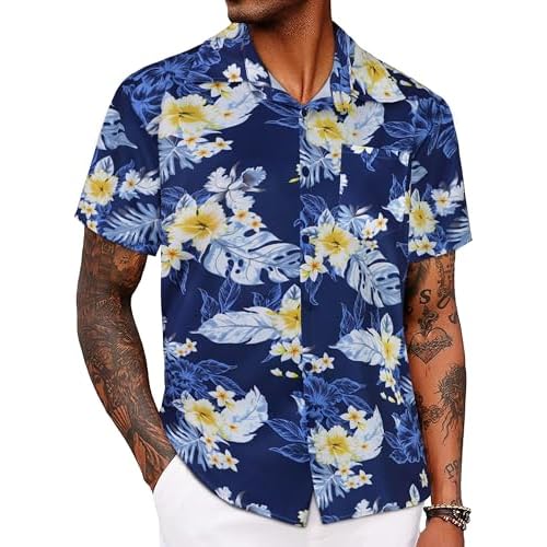 Mens Hawaiian Shirt Short Sleeve Summer Beach Casual Tops Button Down T Shirts with Pocket(Navy White Floral,S)