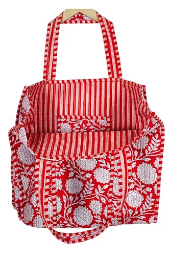 Image of Quilted Cotton Hand printed Reversible Large multicolor cotton Tote Bag,Indian Handmade Block Printed Tote Bag Women Handbag