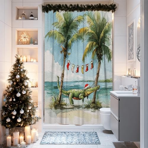 Krokodil-Duschvorhang, tropische verspielte Palmen, Weihnachtsstrümpfe, Polyester, wasserdicht, Klauenfuß, Badewanne, Duschvorhänge, Dekoration für Badezimmer, Gästezimmer, 91,4 x 183,9 cm