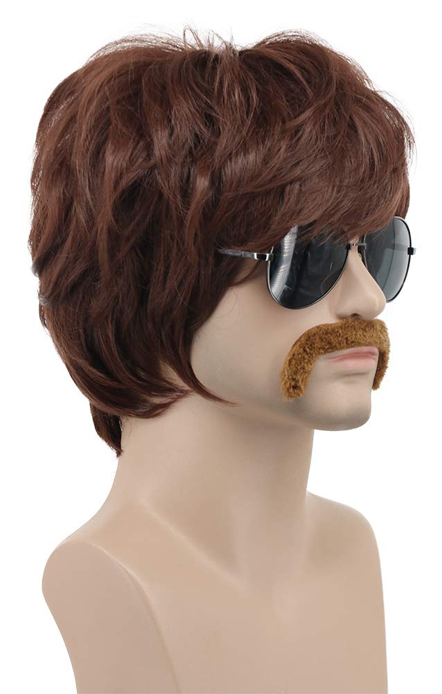 Karlery Adult Men Short Straight Brown Disco Wig California 70s 80s Rocker Moustache Wig Halloween Costume Cosplay Anime Wig - Image 3