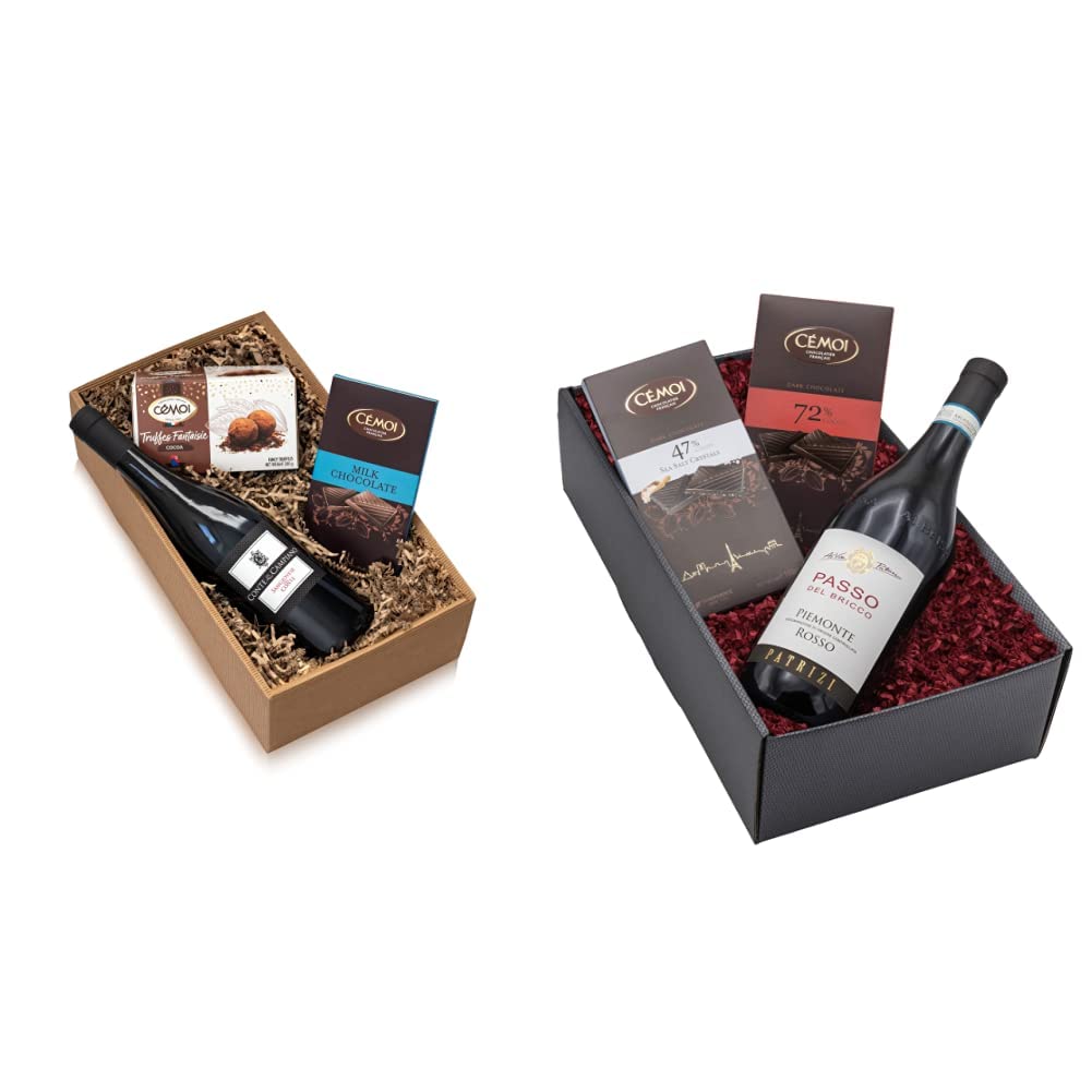 Präsentkorb „Gaumenfreude“ als Geschenkset & Geschenkset „Rosso Passo“ mit Wein und Schokolade | Italienischer Rotwein Rosso Passo & Französische Schokoladen in Präsentverpackung