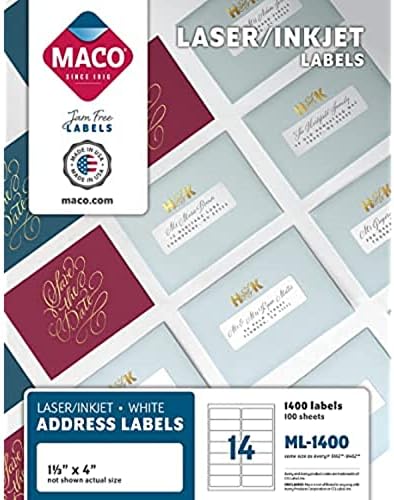 MACO Laser/Ink Jet White Address Labels, 1-1/3" x 4", 14 per Sheet, 1400 per Box (ML-1400)