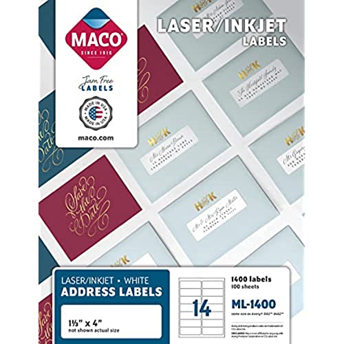 MACO Printable Labels for Mailing - Laser/Ink Jet Compatible Shipping Address Return Labels, 14 per Sheet, 1-1/3 x 4