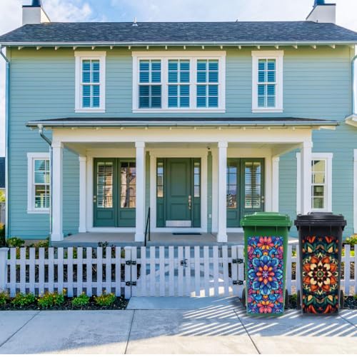 Image of Peacoblue Wheelie Bin Stickers 2 Sheets Mandala Pattern Floral Sticky Dustbin Stickers Decals, 15 inch x 32 inch Waterproof Large Wraps for Trash Cans Bins Fridges Door Wall Garden Outdoor Indoor Patio Decor