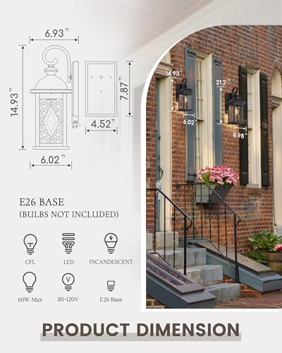 Image of FEMILA 15 inch Exterior Wall Sconce, 2-Pack Outdoor Waterproof Wall Lights Fixture, Anti-Rust Matte Black Finish with Water Ripple Glass,4FD54B-2PK BK-SD