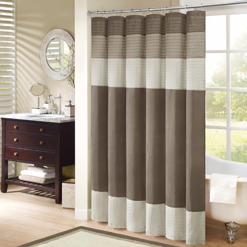 Image of Madison Park Amherst Striped Fabric Brown Shower Curtain, Pieced Transitional Simple Shower Curtains for Bathroom, 108 X 72, Natural