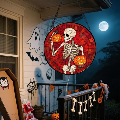 Image of Stained Glass Window Hanging - Halloween Decorations Skeleton Pumpkin Suncatcher for Doors Garden Indoor Spooky Funny Sun Catchers Gothic Decor Horror Gifts for Women Men Friend 7.8 in