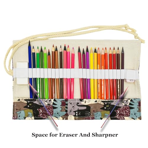 Image of Cat Canvas Pencil Wrap Case Kitty Colored Roll Up Holders Kitten Pencil Organizers for Artist Adult Sketch Travel Storage With 72 Slots(Animals)