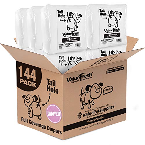 ValueFresh Disposable Diapers for Female Dogs, X-Small, 144 Count - Full Coverage w Tail Hole, Snag-Free Fasteners, Leak Protection, Wetness Indicator