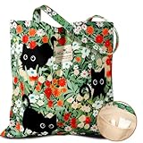 Miss Adola Aesthetic Cotton Tote Bag for Women - Reusable Grocery Bag with Buckle Green Three Cats Fabric Shoulder Bag for Shopping, Gym, Travel, Work