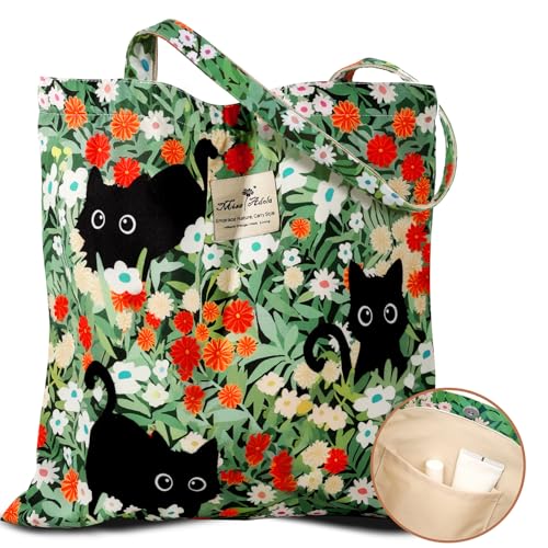Miss Adola Bolsa feminina de algodão estética – Bolsa de ombro reutilizável com fivela para academia, viagens, trabalho, Três gatos verdes, One Size