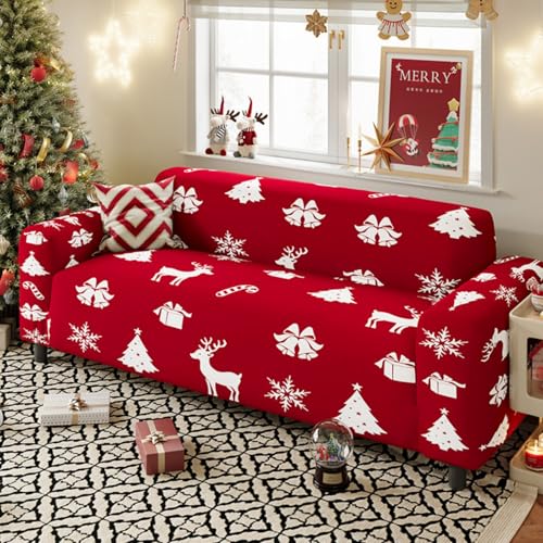 Hiseng 3D Navidad Funda Sofa, Elástica Rojo Fundas Sofas 1-4 Plazas para Muebles, Lavable Jarapas Protector para Salón, Dormitorio (Rojo B,1 Plaza)