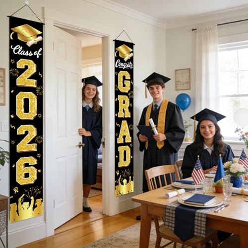 Image of Graduation Decorations 2026 Porch Banner, Black and Gold Graduation Banner Class of 2026, Congrats Grad Decorations for Door and Porch Party Supplies