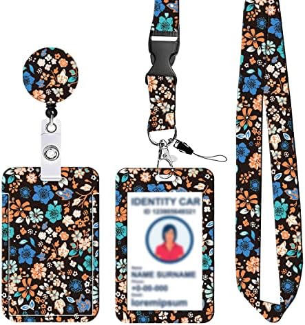 ID Badge Holder with Lanyard, Heavy Duty Retractable Badge Holders with Reel Clip and Vertical Style Floral ID Card Holders for Women (Blue Flower)