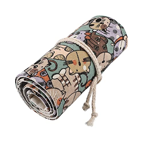 Image of Surblue Canvas Pencil Case Pencil Roll Wrap with 72 Slots Coloring Pencil Holder Organizer Paint Brush Storage Pouch Portable for Artist, Writer (Blue Cat