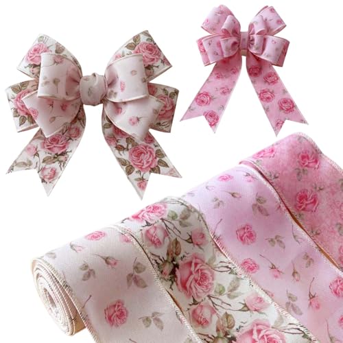 Rose Floral Wired Ribbon 2.5-Inch x 5 Yards 4 Rolls Nobirise