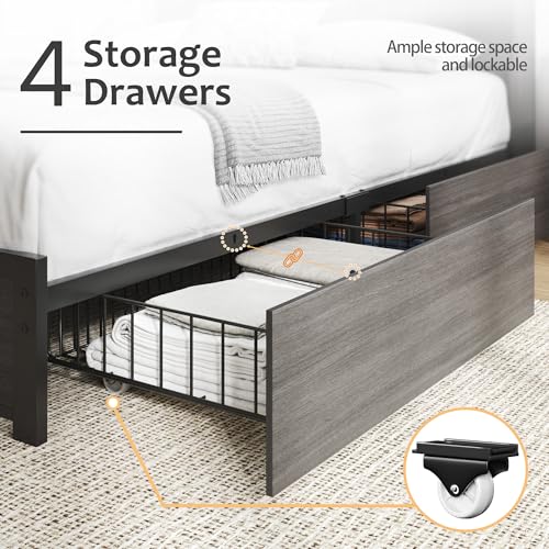 HISOFT Rustic Queen Bed Frame with Storage & Charging Station - Image 5
