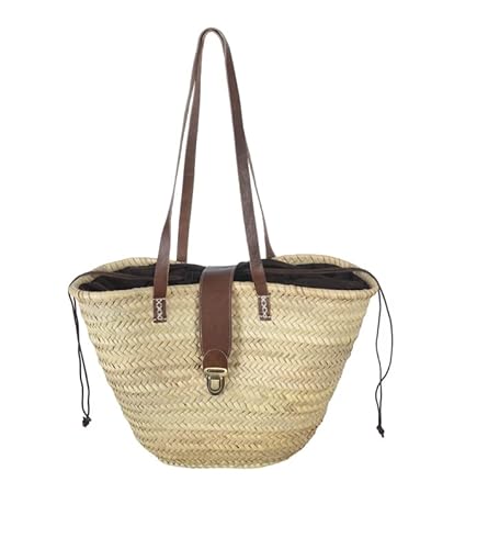 Afrikan Bags - Bolso Capazo de Palma | Bolso de Palma de Base Oval con Cierre Solapa, Tela y Asa de Cuero Redonda en Cuero Marrón - 48 x 22 x 27 cm