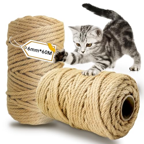 Corde Arbre à Chat 60M X 6MM, 2 Pièces Corde en Sisal Naturel, Ficelle Arbre à Chat, Corde Sisal pour Remplacement, Décoration de Maisons, Jardinage