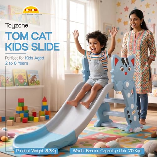 Image of Toyzone Tom Cat Slide for Kids | Baby Play Slide | Indoor & Outdoor Kids Slider | Easy Assembly | Safe Rounded Design | BIS Certified | Made in India | Kids Slide for 2-8 Years, Upto 70 kgs