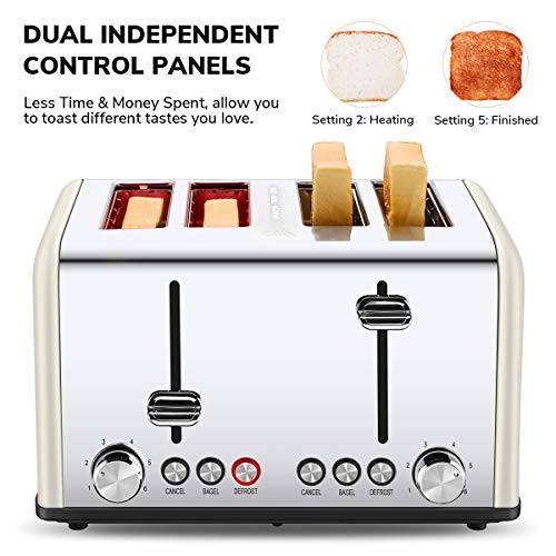 Toaster 4 Slice, CUSIBOX Retro Stainless Steel Extra Wide Slots Toaster with Bagel, Defrost, Cancel Function, 6 Bread Shade Settings, 1650W, Cream - Thumbnail 6