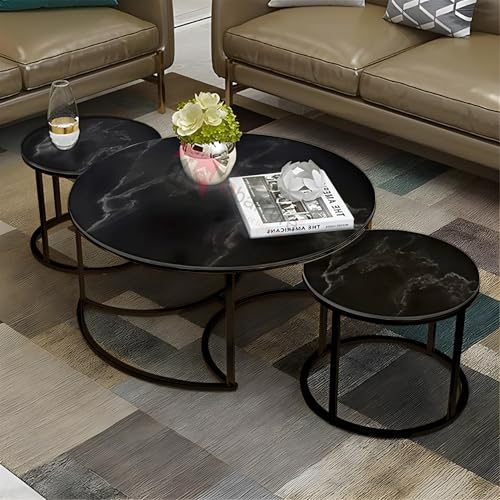 Image of 3 Piece Living Room Set - 1 Center and 2 End Nesting Tables, Round Stacking Coffee Side for Small Space, Nightstand Bedside Black