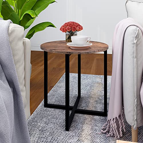 HOMERECOMMEND Round Side Table, Bedside Table, Sofa Side Table,Coffee Table Rustic Nightstand Industrial Versatile End Table Family Accent Table for Living Room, Stable Metal Frame, Rustic Brown