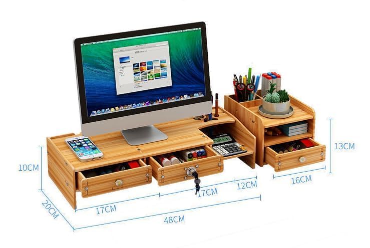 Image of Wooden Monitor Stand Riser with Storage Compartment and Lockable Storage Drawer Stand | Adjustable Desktop Organizer for Computer, Flax, Laptop & Printer (Monitor Stand (Lock) 7 Box Simple)