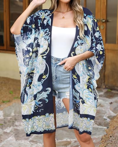 Image of Women's Kimono Swimsuit Coverups Summer Beach Loose Cardigans for Swimwear | CHICGAL Casual Open Front Chiffon Cover Up, 3 /4 Sleeve Lightweight Vacations Outfits 2026, Long Summer Resort Wear