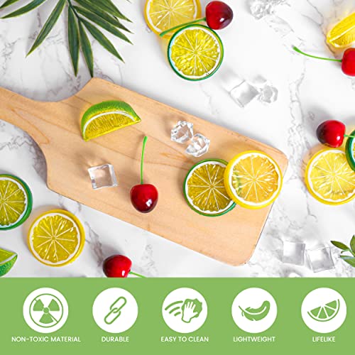 Tevrel 70Pcs Artificial Lifelike Cherries Lemon Lime Slices And Wedges.decorative Lemon Slices Lemon Blocks Red Black Cherries Fake Fruit Fake Crushed Ice Cube For Home Kitchen Party Wedding Diy Craft #TOP3