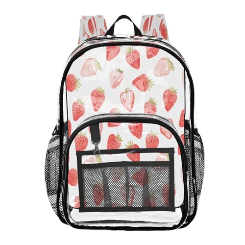Cute Watercolor Strawberry Clear Backpack - Stadium Approved Large 15.7-inch Waterproof Transparent Bag for Sports, Concerts, Work, Travel#100