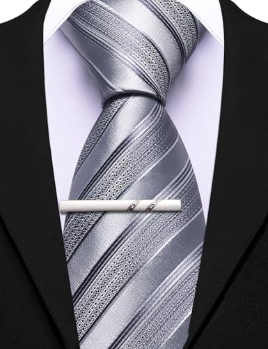 Image of Barry.Wang Silk Men Ties Formal Stripes Necktie and Tie Clip for Wedding Party Business Fashion Classic
