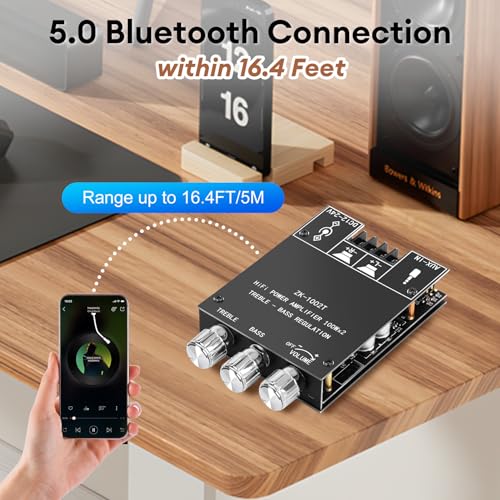Image of Daakro ZK-1002T Bluetooth Amplifier Board,100W+100W 2.0 Channel Amp Board with Treble /Bass Control,DC 12-24V, Bluetooth and AUX Inputs, Audio Amp Board for Home DIY Wireless Speakers, Password Free
