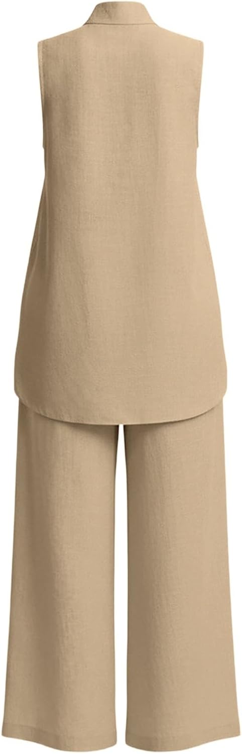 Womens Linen 2 Piece Sets Sleeveless Mock Neck Tank Tops and Wide Leg Pants Casual Beach Outfits for Travel Vacation