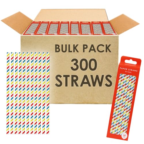 Table Fun 300 x Bulk Stripy Paper Straws Cocktail Disposable Striped Drinking Straws for Birthday, Wedding, Party, Catering, Bar, Yellow, White, Green, Pink, Blue, 19.5 cm