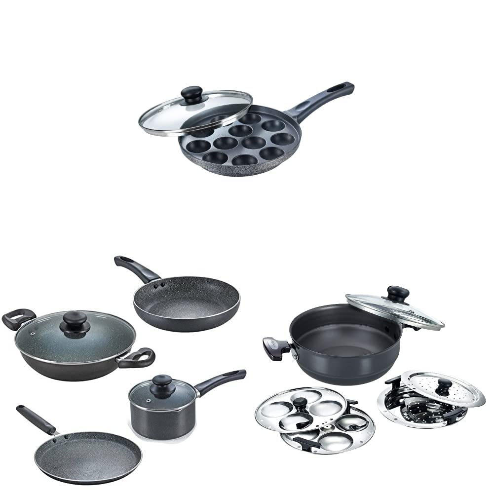 PrestigeAluminium Omega Select Plus Paniyarakkal (240 Mm, Black), Black & Omega Granite Aluminium Kitchen Set, 4-Pieces, Black & Aluminium Multi-Kadai 220 mm, Black & Silver
