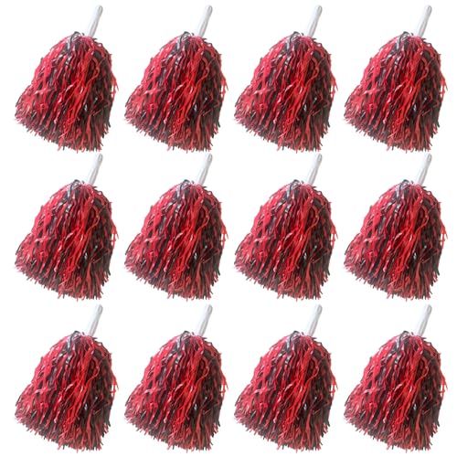 PUZINE Confezione da 12 pon pon pon cheerleader, pompon in lamina metallizzata per sport di squadra spiritica tifo party danza accessori utili (nero con rosso)