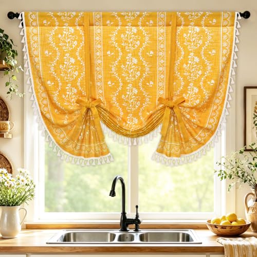 Image of Yinhua Boho Tie Up Curtains for Windows Vintage Linen Valance Light Filtering Floral Valance Rod Pocket Rustic Adjustable Tassel Window Valances for Bathroom, 42 inch W X 45 inch L, Yellow