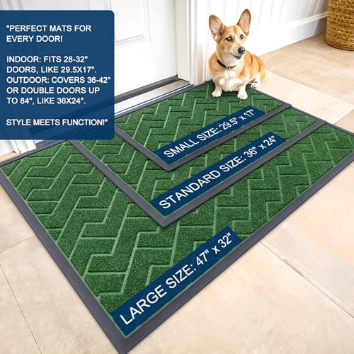 Image of OLANLY Front Door Mat Indoor Outdoor Entrance, Waterproof All-Season, All-Weather Doormat, Sturdy Natural Rubber, Low Profile, Easy Clean Patio Porch Entryway Mat, Herringbone Brick (Green, 47x17)