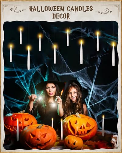 Image of TLPUHU Floating Candles with Wand,10 Pcs White Flameless LED Taper Candles | Magic Hanging Candles, Battery Operated with Remote, for Halloween Decorations, Bedroom, Window, Party, Christmas