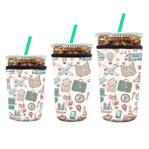 Image of 3 Pack Reusable Neoprene Insulator Sleeve for Iced Coffee Cups, Funny Coffee Cup Sleeves for 16-32oz Coffee cups, Cute Drink Sleeve for Cold Hot Beverages Cute Plane
