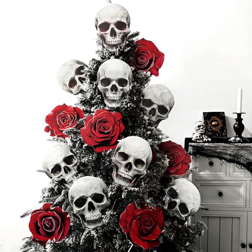 Bunny Chorus Halloween Decorations Indoor: 14pcs Large Spooky Skull Dark Red Rose Tree Picks, Scary Realistic Halloween Skeleton Floral Ornaments for Tree Topper Kids Home School Office Vase Décor