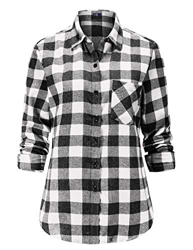 Dioufond Women Flannel Shirt Long Sleeve Buffalo Check Womens Plaid Flannel Shirts Black and White Flannel Shirt 2XL