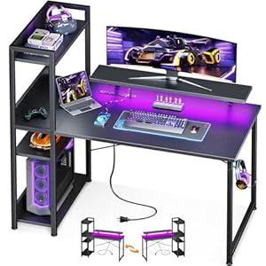 ODK Reversible Gaming Desk with USB Charging Port and LED Lights, 40 Inch Computer Desk with Storage Shelves & Monitor Stand, Study Table for Home Office, Small Space Bedroom, Carbon Fiber Black