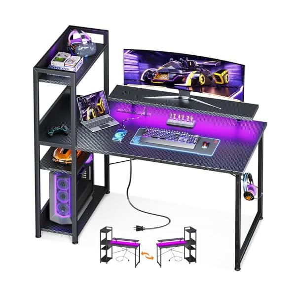 ODK Reversible Gaming Desk with USB Charging Port and LED Lights, 40 Inch Computer Desk with Storage Shelves & Monitor Stand, Study Table for Home Office, Small Space Bedroom, Carbon Fiber Black
