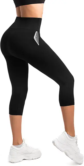 Leggings Femme 3/4 Opaques Élastiques avec Poches - Legging Court Femme