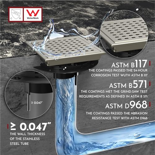 WEBANG 6 Inch Square Shower Floor Drain with Flange,Quadrato Pattern Grate Removable,Food-Grade SUS 304 Stainless Steel,Watermark&CUPC Certified,Brushed Nickel - Image 6