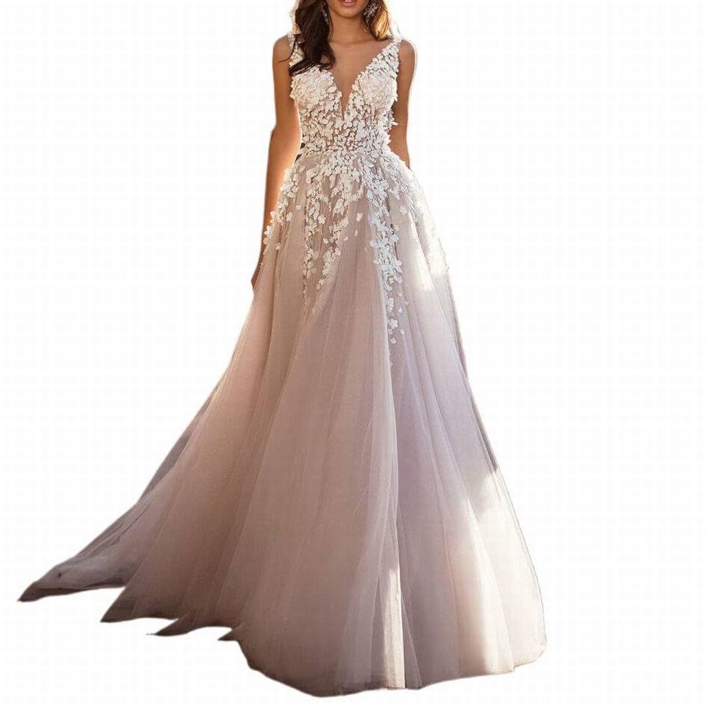 GeRRiT Vestido de Encaje con Vestido de Novia de Cuello V sin Mangas Vestido Largo Bordado