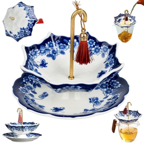 Passoire à Thé en Céramique en Forme de Parapluie, Filtre à Thé, Infuseur Thé Parapluie, Tea Infuser avec Base Assortie, Filtre En Porcelaine Avec Design Pivotant Pour Bureau, Maison, Salon de Thés
