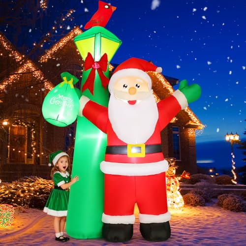 GOOSH 8.2 FT Christmas Inflatables Santa Claus Outdoor Decorations Giant Santa Claus Stands Under the Green Lighthouse with Built-in LEDs for Indoor Party Garden Lawn Decor